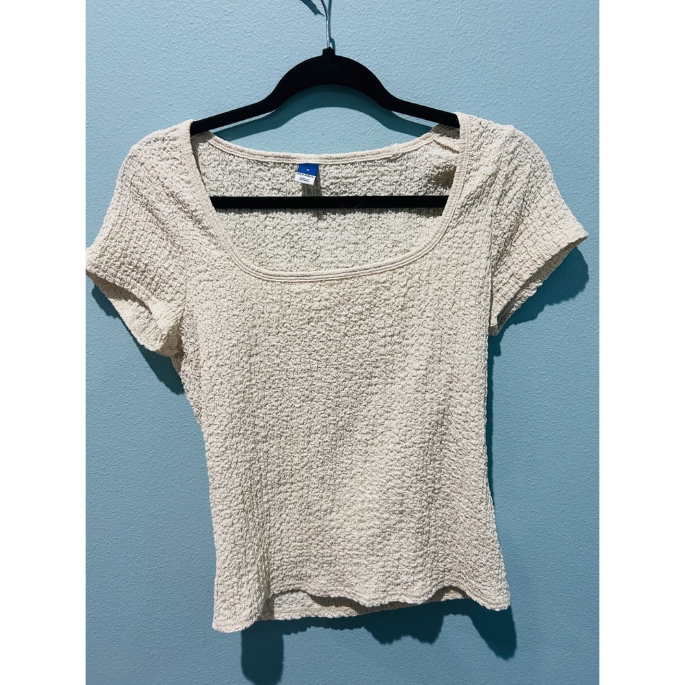 Old Navy Popcorn Textured Top Women M Cream Excellent Square Neck Short Sleeve